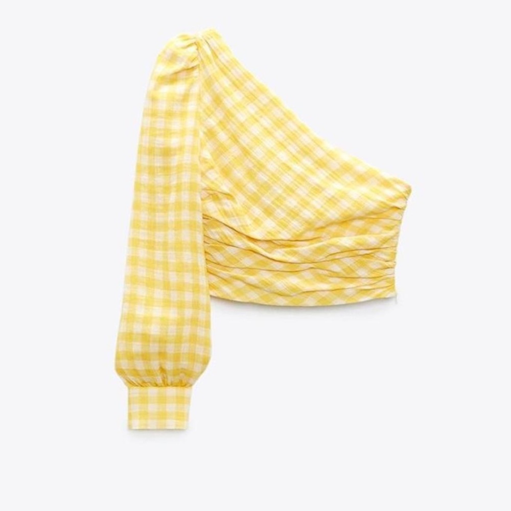 Zara Yellow Gingham One-Shoulder Top